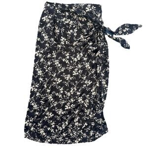 Zara Black Floral Midi Skirt Knee Length Women’s Size Xs Silky Wrap Tie Waist